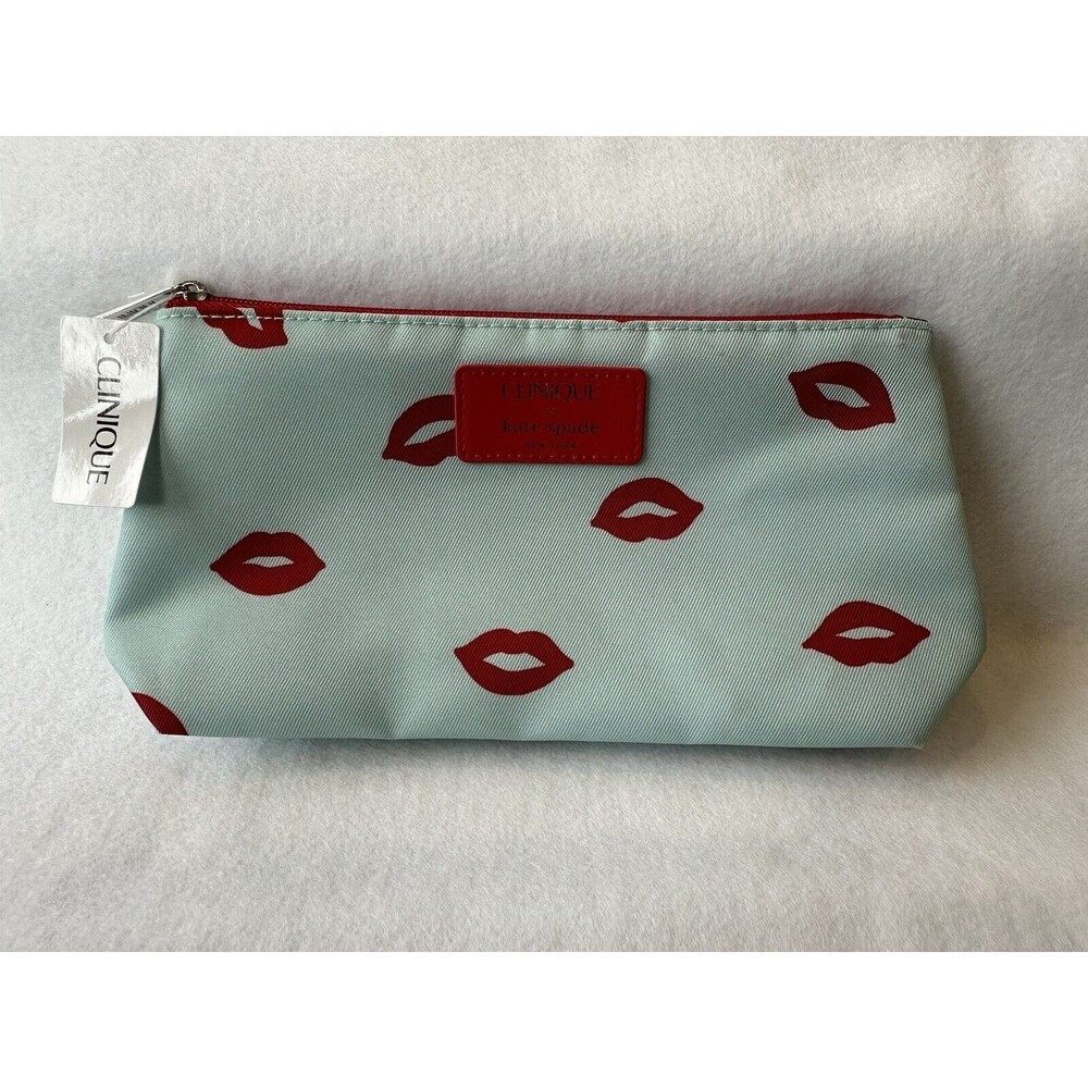 CLINIQUE x KATE SPADE Cosmetics Makeup Travel Bag Aqua & Red Lips New *read*